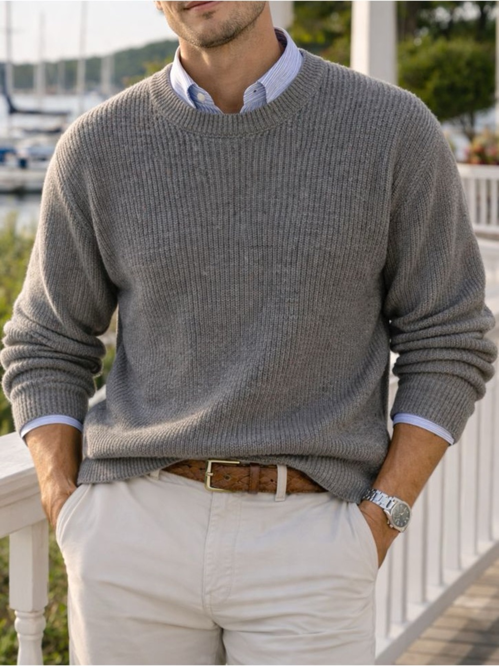 Vintage 80s Preppy Le Tigre Men's Crewneck Ribbed Knit Sweater Confetti Gray